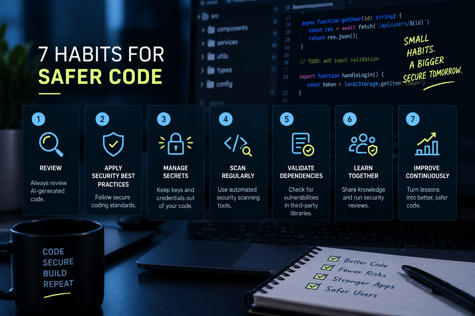 Numbered icons representing developer security habits over a code editor background