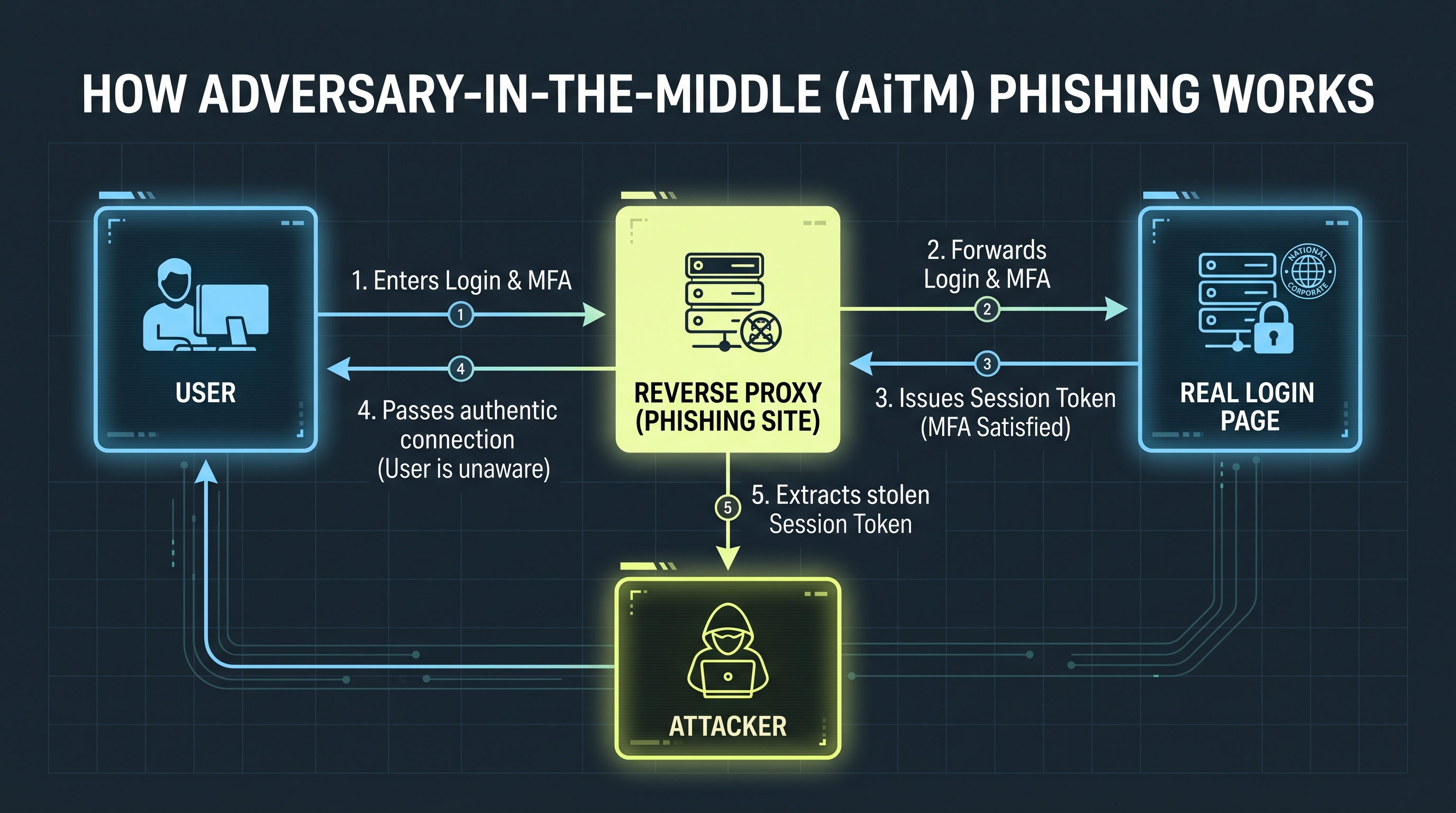Diagram of an adversary-in-the-middle attack capturing a session token after MFA
