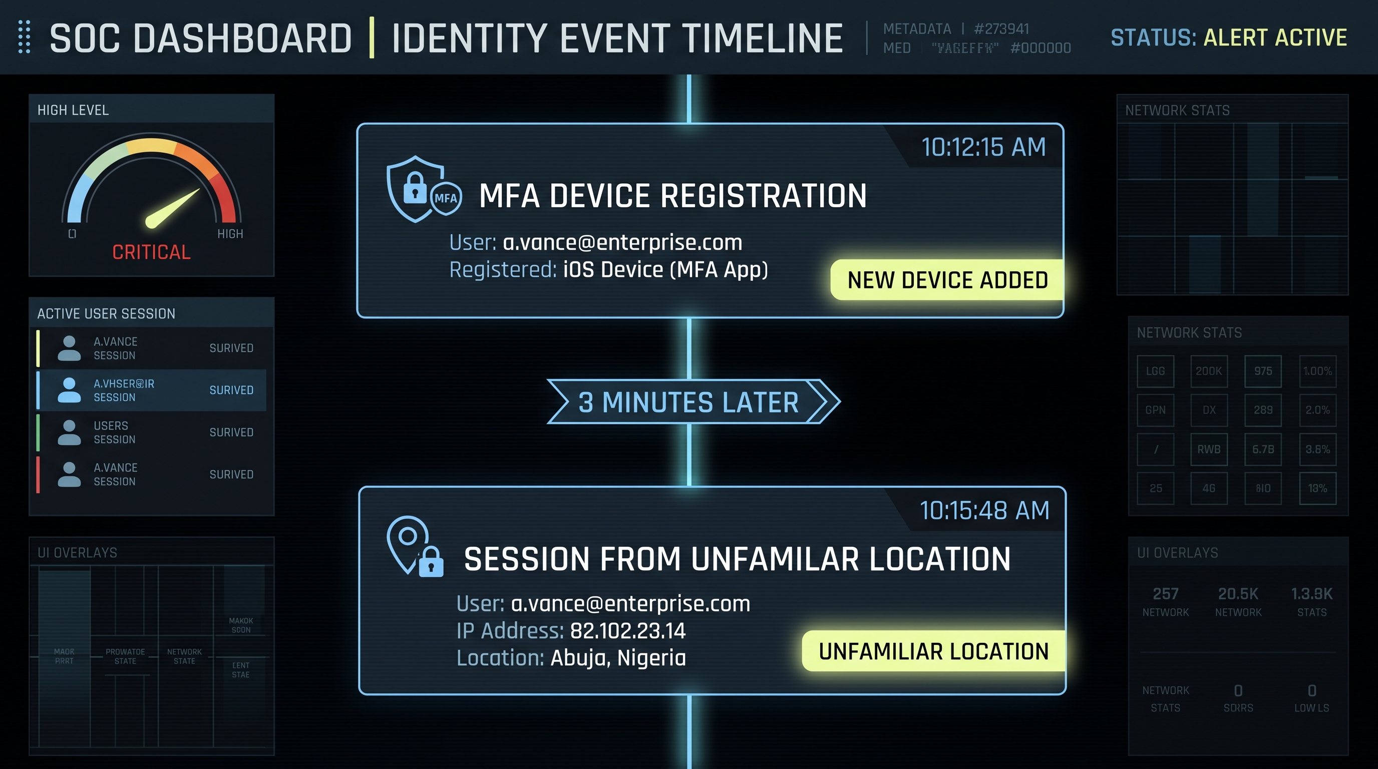 SOC dashboard timeline showing a new MFA device registration and an unfamiliar session