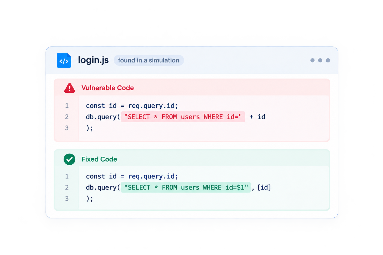 Vulnerable code compared side by side with its secure fix