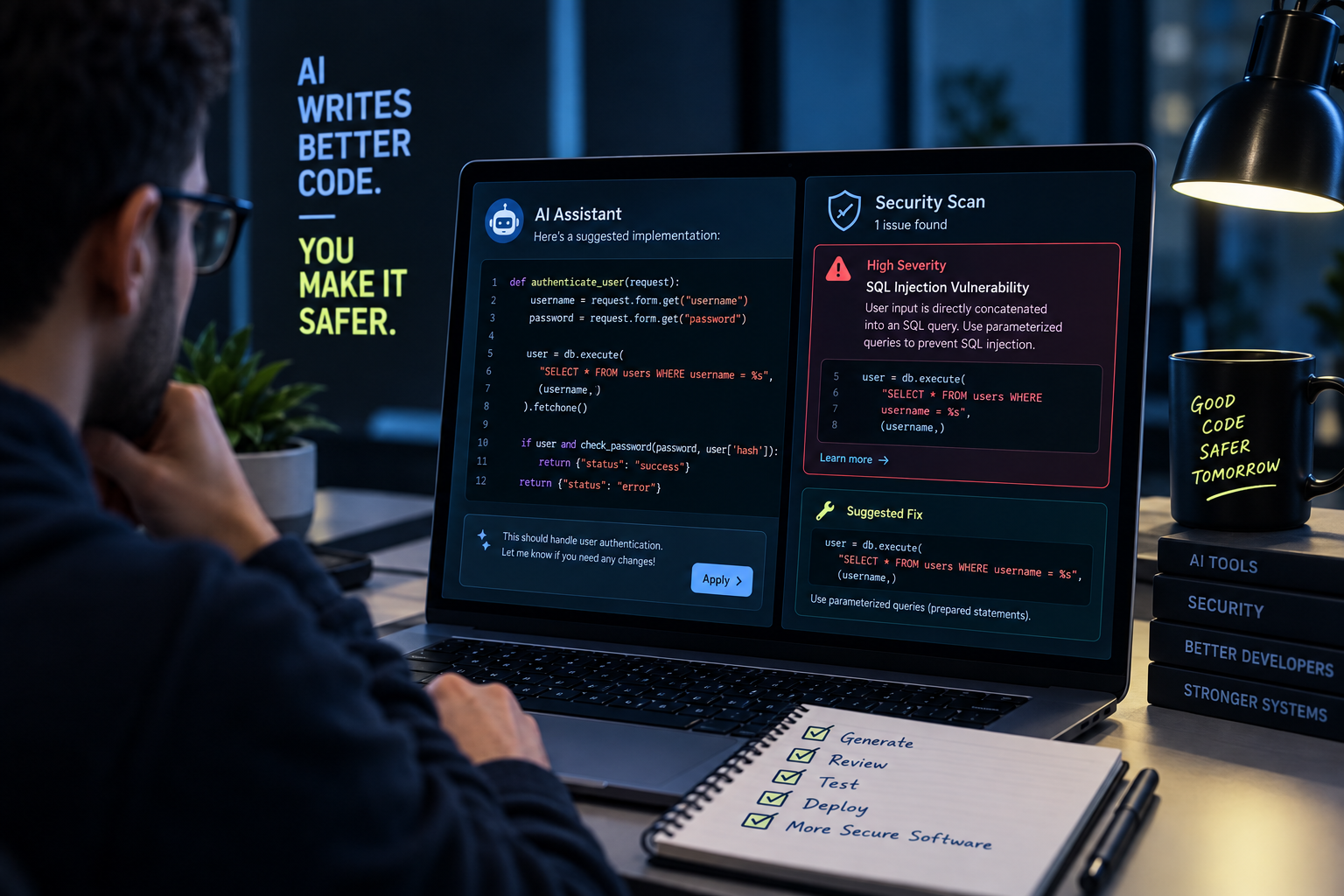 Developer reviewing AI-generated code alongside a security scanning tool on a laptop