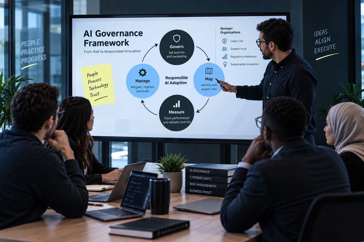 Security leadership team discussing an AI governance framework