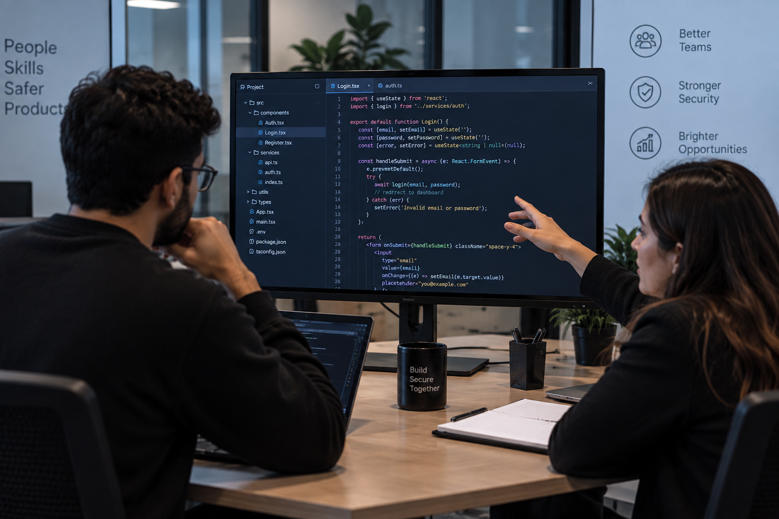 Interviewer and candidate reviewing a code sample together during a technical interview