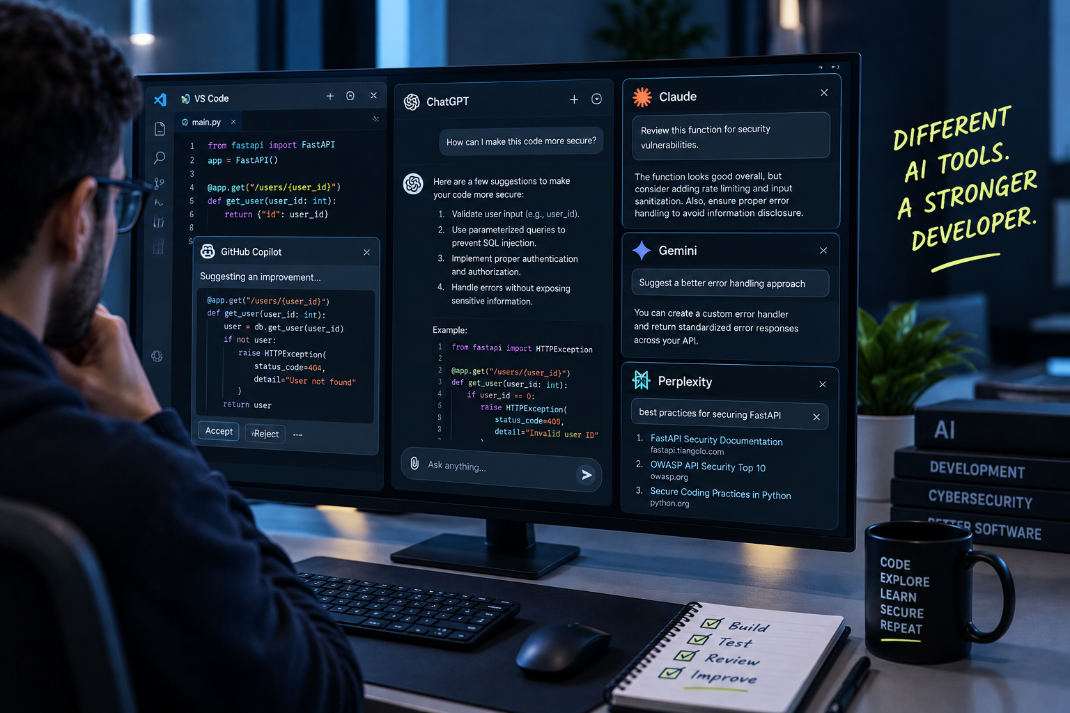 Developer's workspace showing multiple AI coding assistant tools open on a monitor