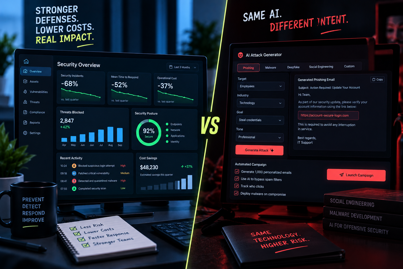 Split visual contrasting a defensive security dashboard with an automated attacker interface