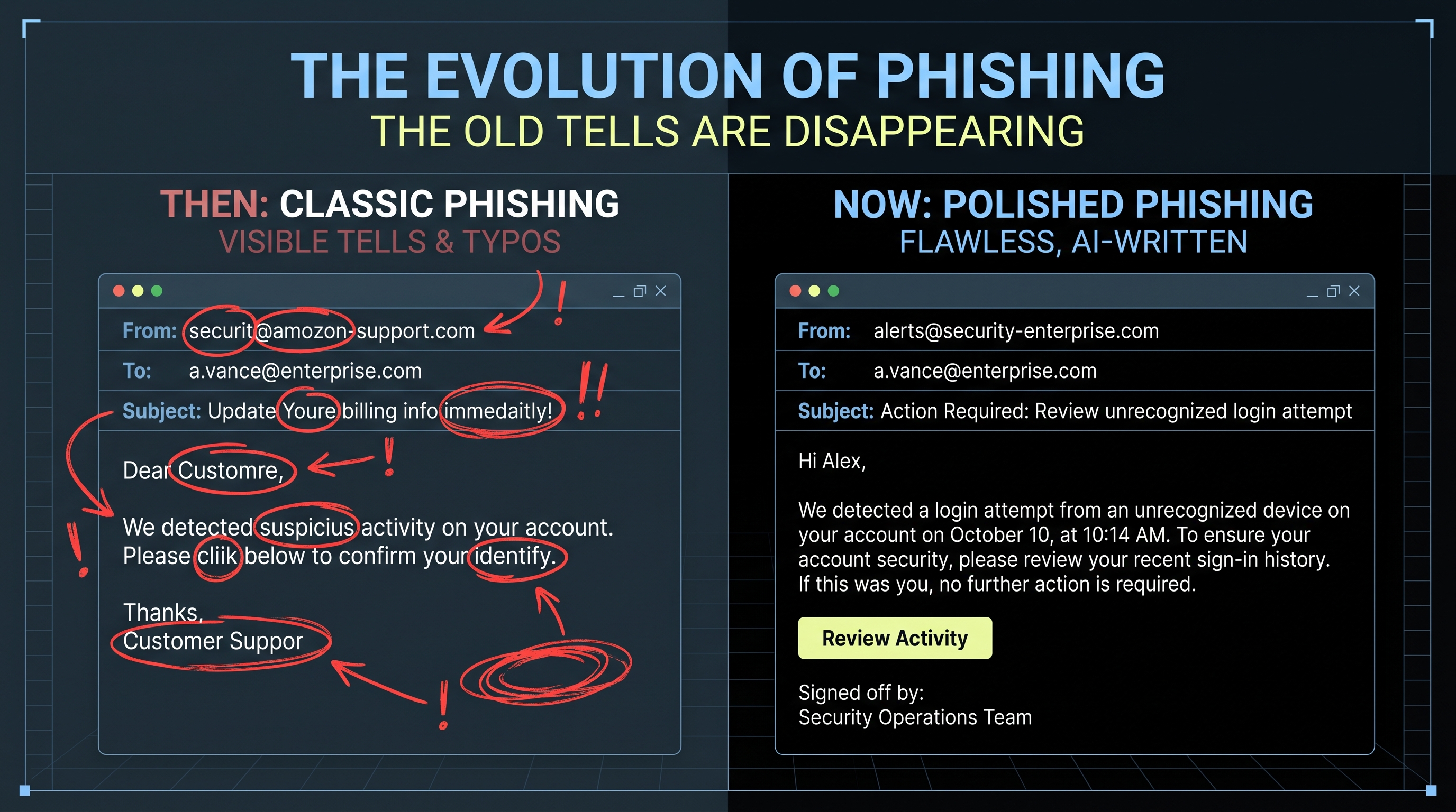 Side-by-side comparison of a typo-filled phishing email and a polished AI-written one