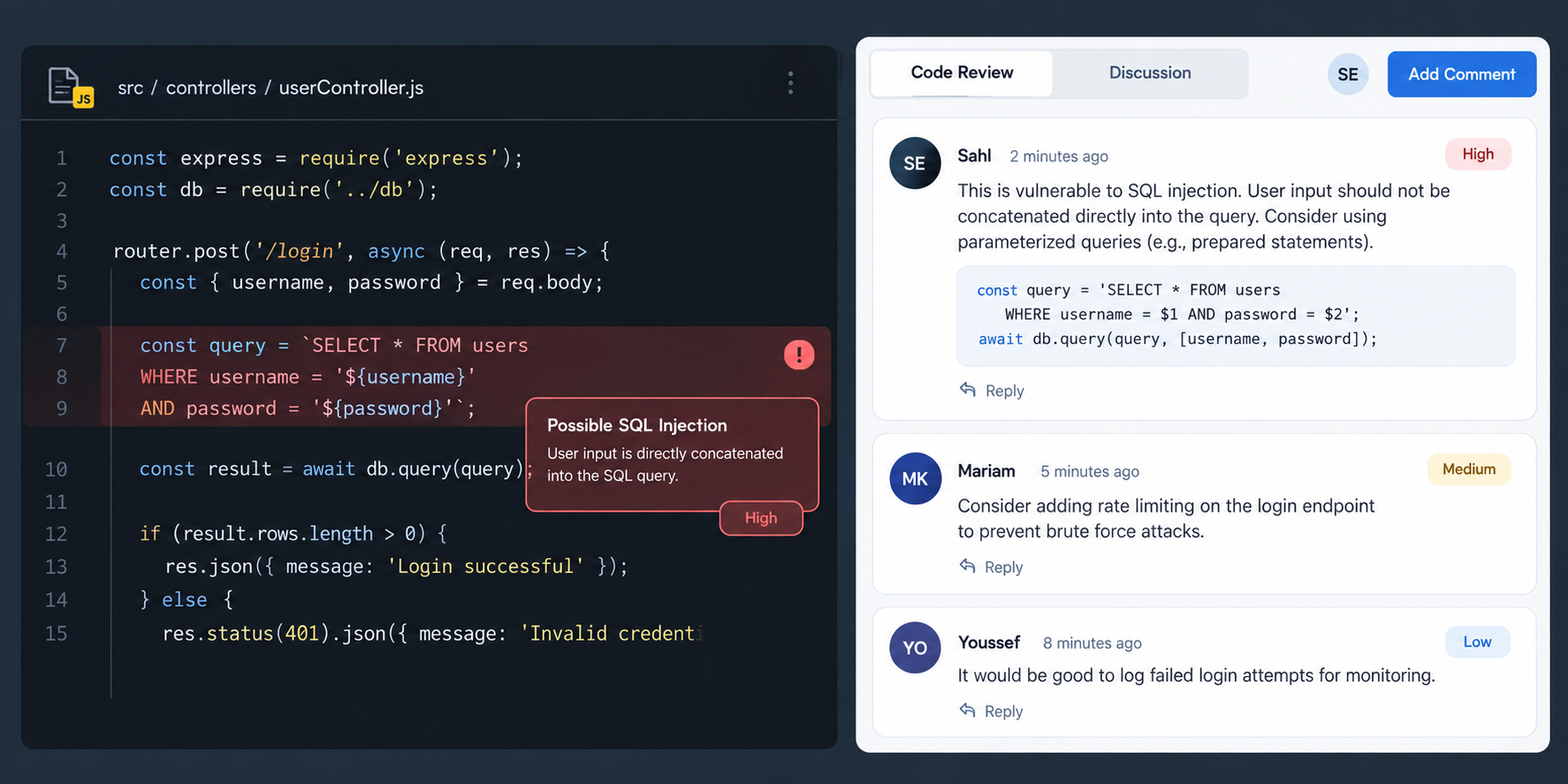 Split-screen graphic showing review annotations alongside a flagged code vulnerability