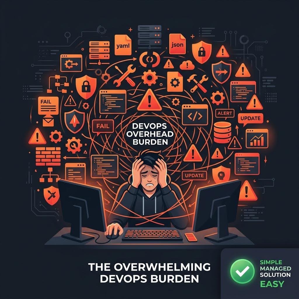 Illustration of an overwhelmed IT administrator surrounded by complex server icons, warning symbols, security shields, and configuration files in red and orange — representing the heavy DevOps burden of self-hosting CTFd