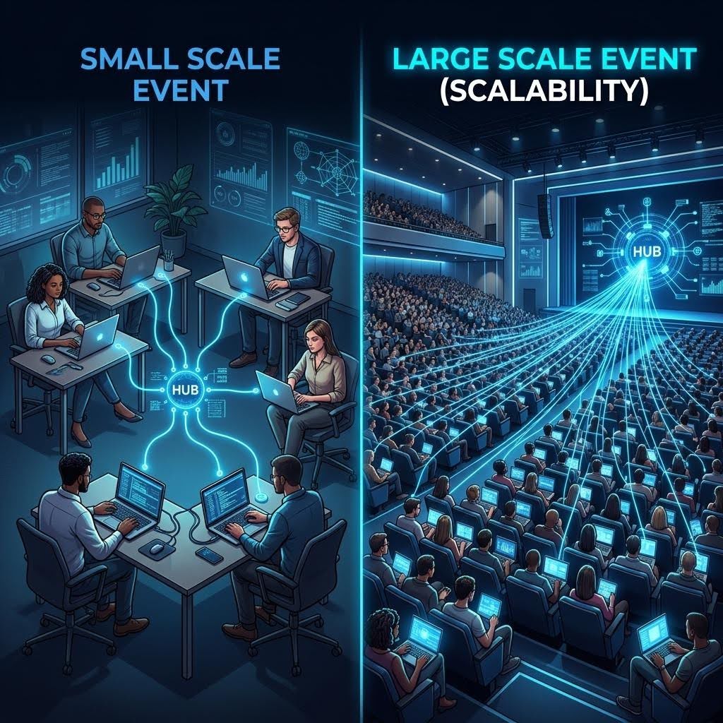 Illustration contrasting a small team of 5 participants at workstations on the left versus a massive auditorium filled with hundreds of participants connected to a central network hub via glowing blue lines, showing the scaling challenge