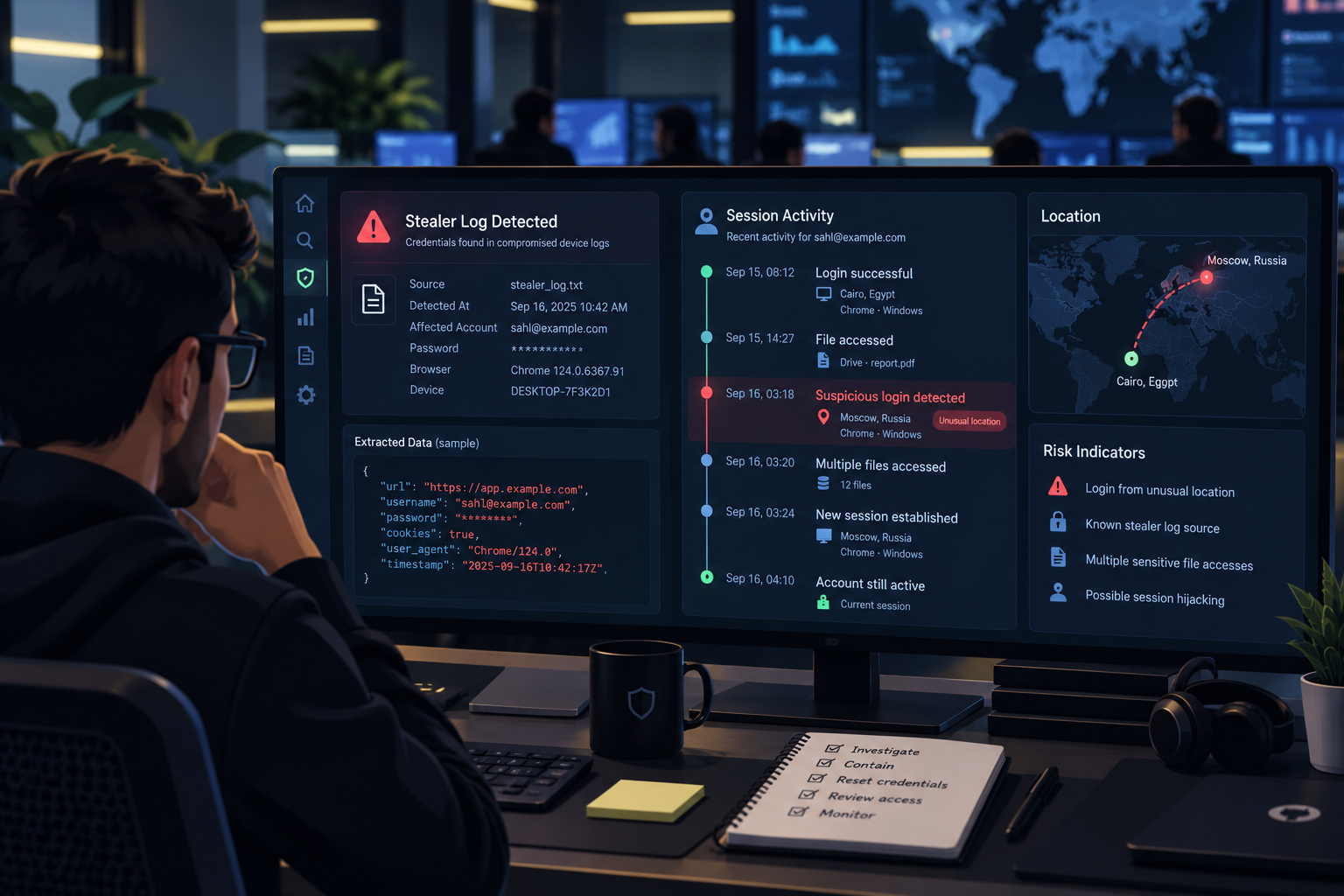 nested Image Search Query: "SOC analyst monitor security alert session anomaly" Alt Text: Security operations center screen showing a stealer-log alert and session hijacking timeline