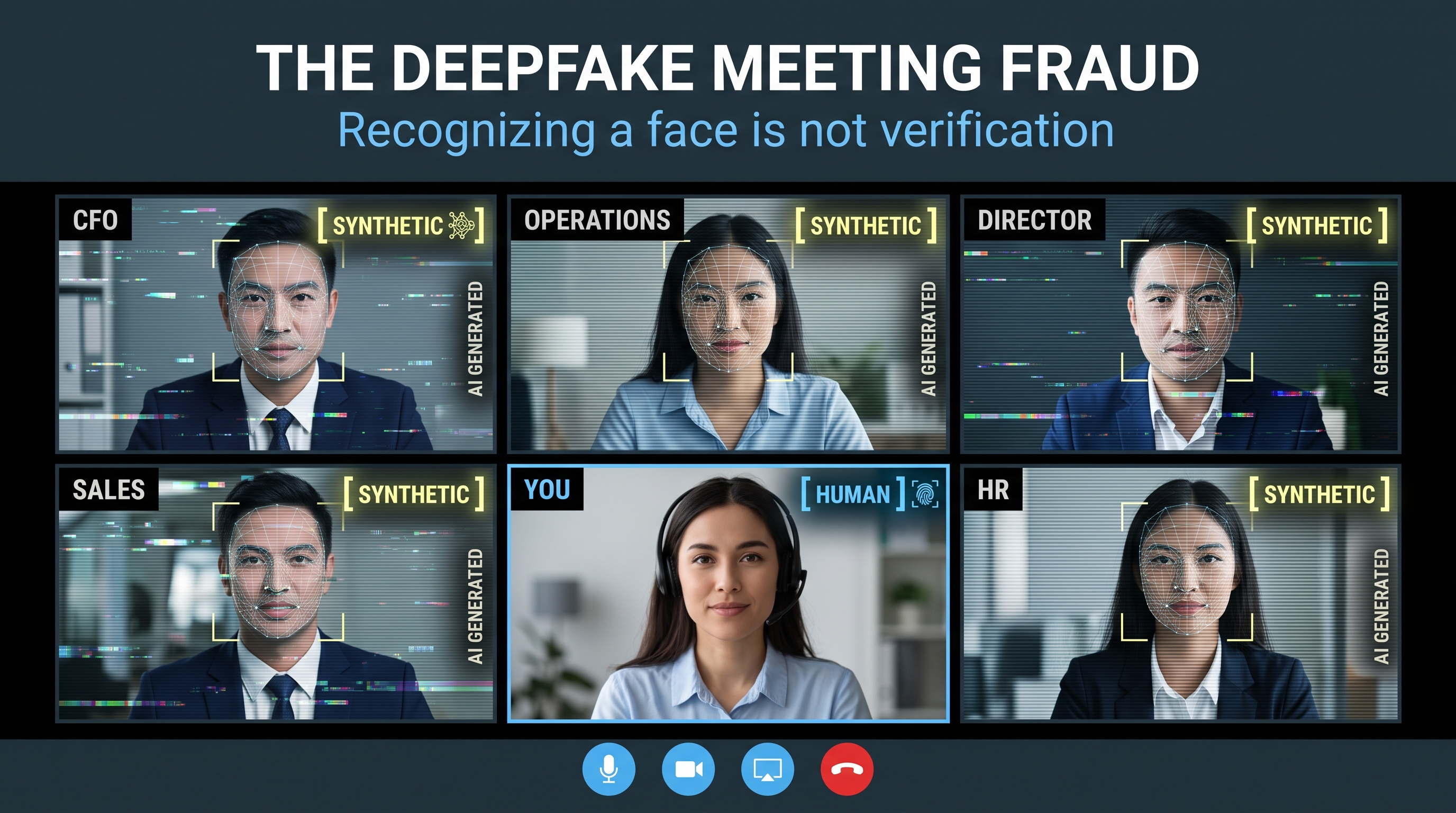 Illustration of a video conference where every participant except one is AI-generated